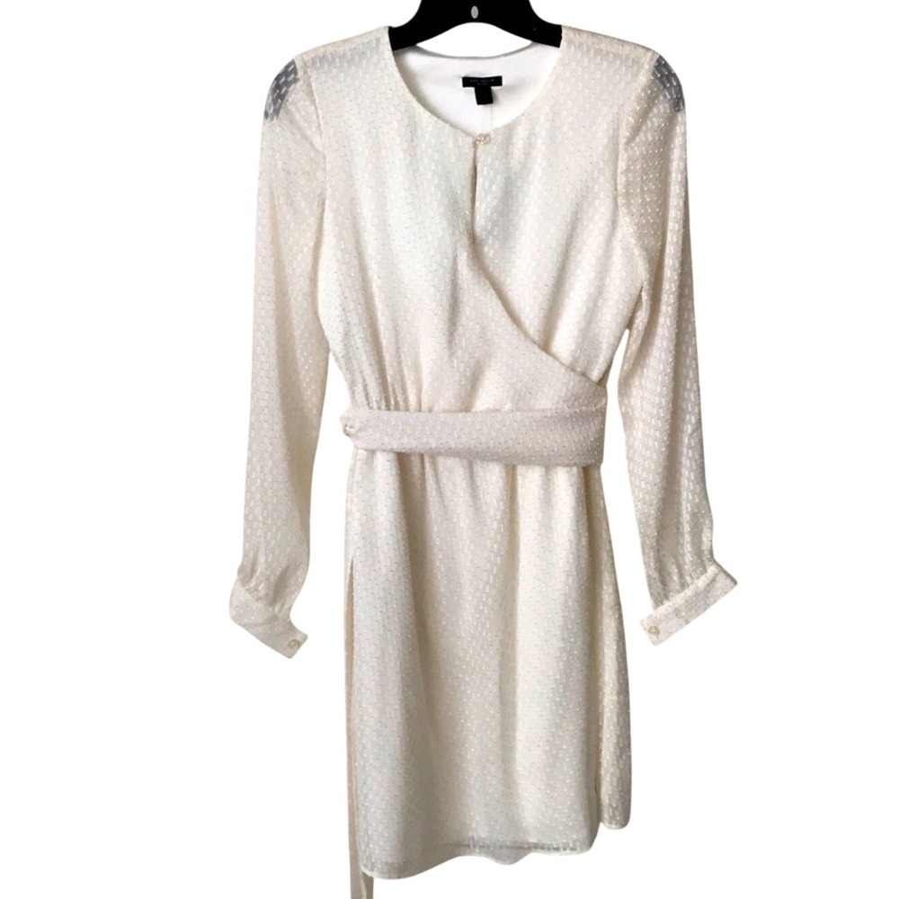 Ann Taylor Ivory Dot Sheer Textured Wrap Dress Long Sleeve Size 10